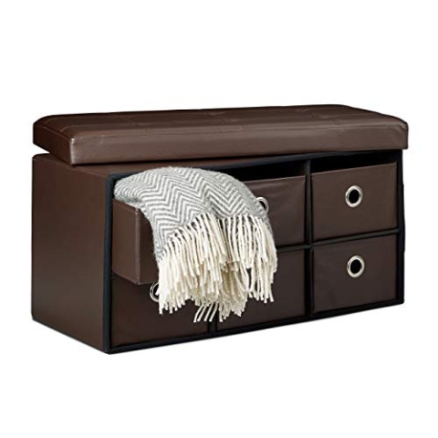 Relaxdays faltbare Sitzbank mit Stauraum in 6 entnehmbaren Fächern HBT: 38 x 76 x 38 cm Sitztruhe aus Kunstleder zum Falten mit Aufbewahrung Ottomane mit entnehmbaren Körben Sitzhocker, braun