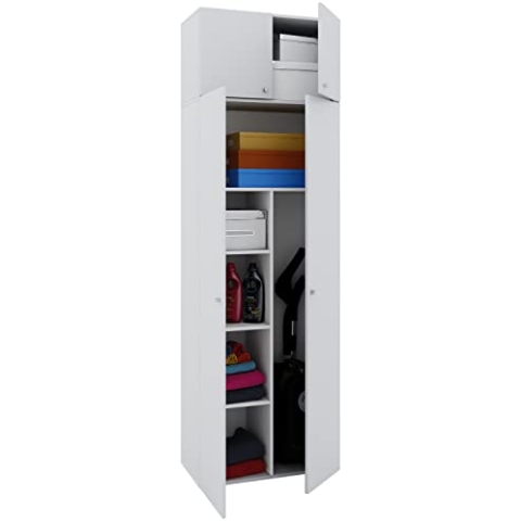 VCM Besenschrank | 6 Fächer | Maße B. 70 x H. 238 x T. 40 cm | Haushaltsschrank | Mehrzweckschrank | Aufsatz mit Zwei Türen - Vandol Weiß