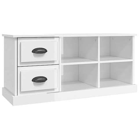 vidaXL TV Schrank, Fernsehtisch mit 2 Schubladen 4 Fächern, Fernsehschrank Lowboard für Wohnzimmer Schlafzimmer, TV Board Sideboard, Hochglanz Weiß Holzwerkstoff