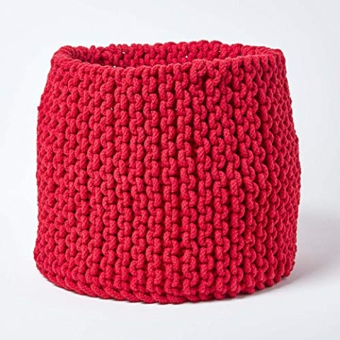 Homescapes gestrickter Aufbewahrungskorb in rot, runder Strickkorb/Stoffkorb 42 x 37 cmaus 100% Baumwolle mit Grobstick-Optik