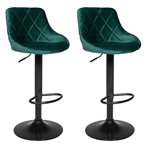 Happy Garden 2er Set Barhockern aus grünem Samt Robin. Küchenstuhl in modernem Design mit Sitzfläche, höhenverstellbar, um 360° drehbar und Fußstütze. Hocker mit Rückenlehne aus Samt