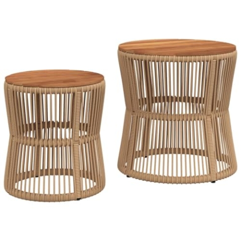 vidaXL Garten Beistelltisch 2 STK., Tisch mit Holzplatte, Gartentisch mit Stahlgestell, Terrassentisch Gartenmöbel Gartengarnitur, Beige Poly Rattan
