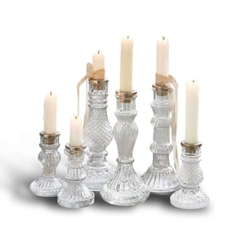 Loberon Kerzenständer 6er Set Youna, mundgeblasen, Vintage-Flair, unterschiedliche Modelle, für Stabkerzen, Kerzenhalter, Kerzenleuchter, Glas, klar/Silber