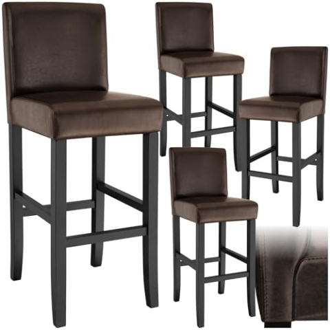 tectake® 4er Set Barhocker, Bistrohocker, Tresenhocker, Barhocker mit Lehne, gepolsterter Barstuhl, Bistrostuhl mit Fußstütze, Holz und Kunstleder, Stuhlbeine aus Massivholz, 107 cm hoch - braun
