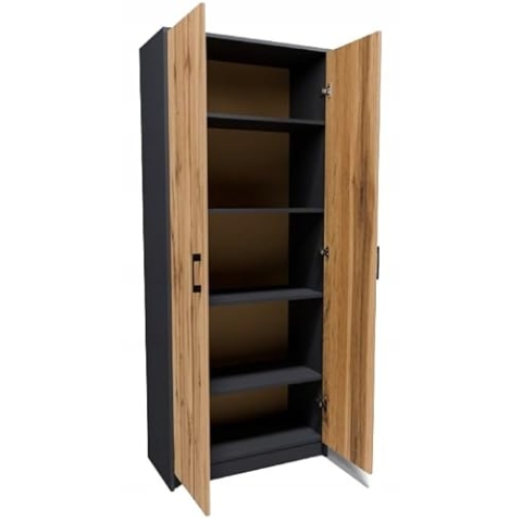 MATKAM Bücherregal R5, B/H/T 74x180x35cm mit 2 Türen, ideal für Büro, Diele Wohnzimmer, Jugend- oder Kinderzimmer, mit verstellbaren Regalböden und satinierte Griffe (Anthrazit Grau-Wotan Eiche)