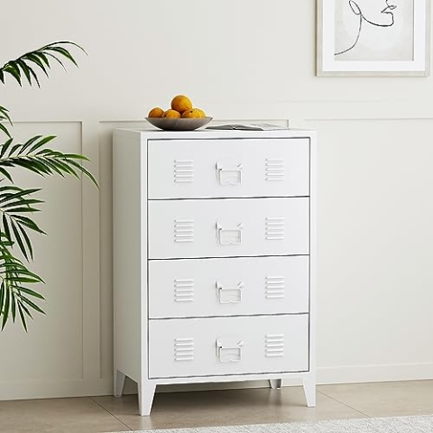 [en.casa] Metallschrank Hämeenlinna Schubladenschrank aus Stahl Büroschrank Kommode mit 4 Schubladen Sideboard Industrial Mehrzweckschrank Beistellschrank 80 x 40 x 92 cm Weiß