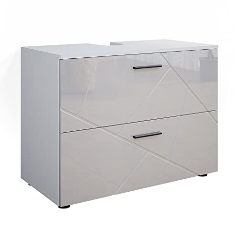 Vicco Waschbeckenunterschrank Irma, Waschtischunterschrank mit Schubladen, Weiß Hochglanz, 80 x 59 cm