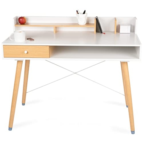 WONDERMAKE® Design Schreibtisch aus Holz mit Schublade, Sekretär Computertisch Kleiner Raum modern Bürotisch PC Tisch Arbeitstisch, Eiche hell weiß