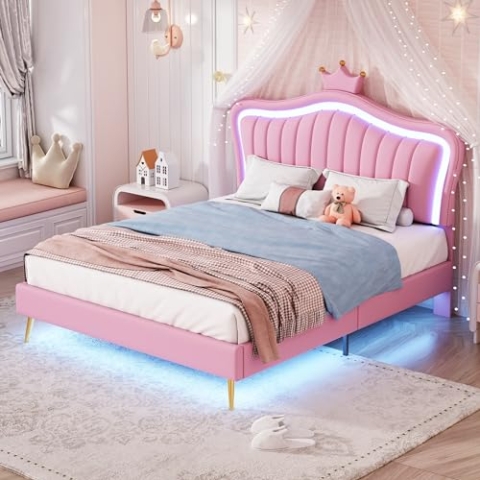 OKYION Kinderbett Polsterbett 140×200 cm mit LED-Licht, Jugendbett Doppelbett Schlafsofa mit Kopfteil in Kronenform(Ohne Matratze), Teddystoff Rosa