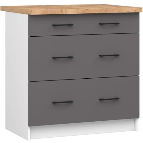AKORD Küchen-Unterschrank OLIWIA 80 cm | 3 Schubladen | Küchenschränke | Geräumig | Für kleine Küche | Für eine Küchenzeile | Als Teil eines Sets | B80 x H85 x T46 cm | 45,15 kg | Weiß & Graphitgrau