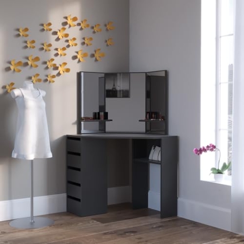 Vicco Frisiertisch für die Ecke Arielle, Kosmetiktisch mit Spiegel, Schwarz, 110 cm