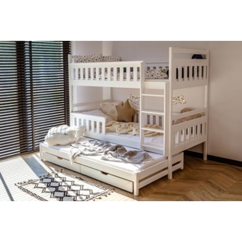 Hochbett 90x200 mit 3 Matratze, Ausziehbett Etagenbett mit Ausziehfunktion, Zwei Schubladen, Lattenrost, Rausfallschutz umbaubar in DREI Einzelbetten, Vollholz massiv, weiß | von 4. bis 18. Lebensjahr