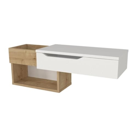 Vente-unique-Wandkonsole hängend mit 1 Schublade & 2 Ablagefächern - Holzfarben & Weiß - DAREKA
