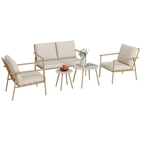 Outsunny 5-TLG. Sitzgruppe, Gartenmöbel-Set mit 2 Sesseln, Couchtisch-Set, 1 Zweisitzer, Gartengarnitur mit Sitzkissen für Balkon, Terrasse, Creme