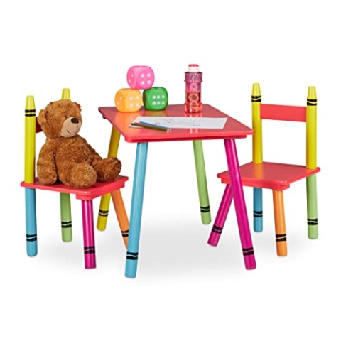 Relaxdays Kindersitzgruppe, Kindertisch mit 2 Stühlen, Mädchen & Jungen, MDF & Holz, Sitzecke fürs Kinderzimmer, bunt, ['Rot', 'Gelb', 'Grün', 'Blau', 'Pink']