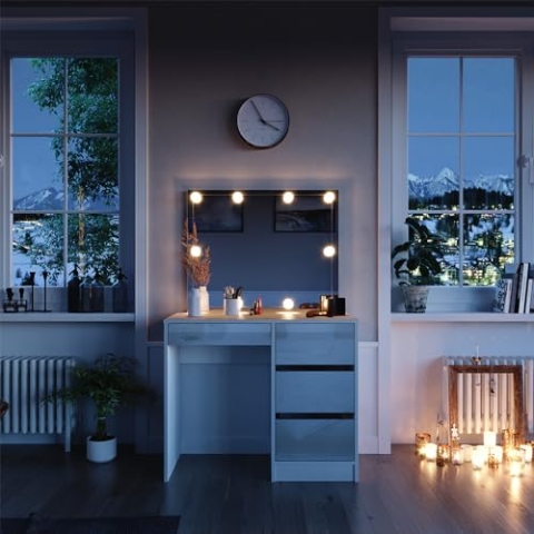 Vicco Schminktisch Sherry, Kosmetiktisch mit Spiegel, Weiß Hochglanz, 90 cm mit LED Beleuchtung