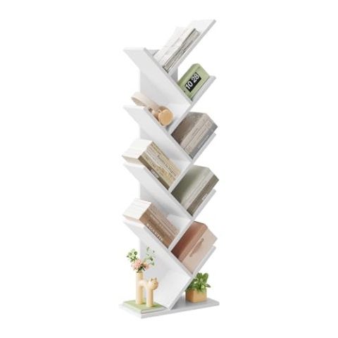 EUGAD Bücherregal Baumform, Standregal CD DVD Regal Mit 9 Ebenen, Raumteiler Aufbewahrungregal Eckregal für Schlafzimmer, Wohnzimmer 40x127x20 cm, Weiß