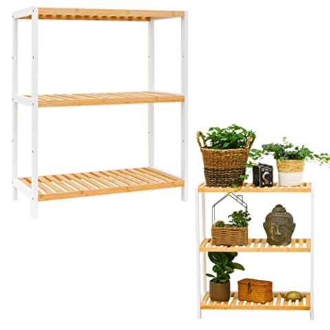 DuneDesign Bambus Standregal 60 cm Breit - 69x60x26 Badregal - Regal Weiß für Küche Badezimmer Schrank Balkon - Badmöbel Schuhregal Holz Küchenregal Stehend - Handtuch Wandregal - Küchen Organizer