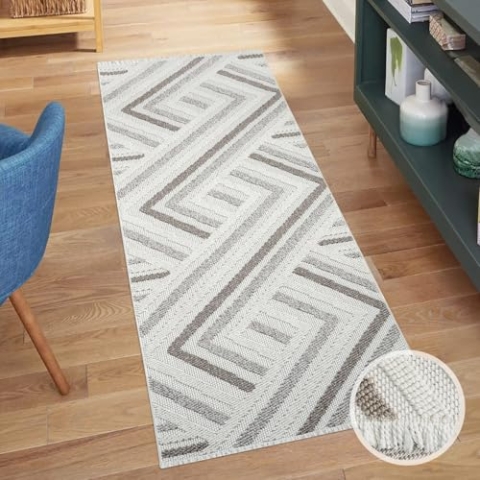 carpet city Teppich-Läufer Kurzflor Flur - Creme, Beige - 80x300 cm - Teppiche Fransen Boho-Style - Geo-Muster - Schlafzimmer, Wohnzimmer