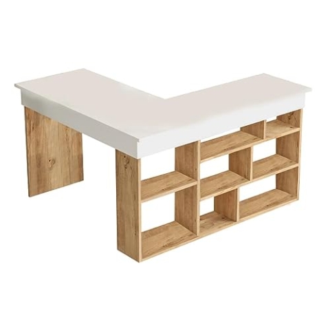 Vente-unique-Eckschreibtisch mit Stauraum - Weiß & Naturfarben - LILEUL