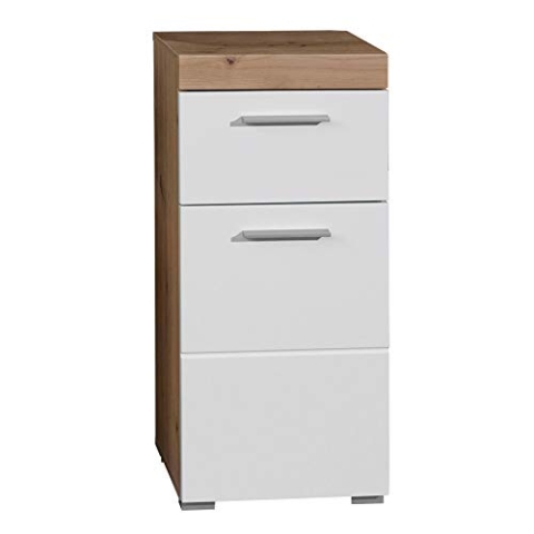 trendteam smart living - Amanda - Kommode - Weiß Hochglanz/Eiche - Badezimmerschrank - (BxHxT) 37 x 79 x 31 cm - Badkommode mit 1 Tür und 1 Schublade - Moderne Fräsung - vielseitig einsetzbar