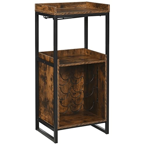 HOMCOM Weinregal 9 Flaschen-Weinschrank Flaschenregal mit 2 offenen Regalen und Glashalter Schwarz+Braun 52 x 40 x 113 cm