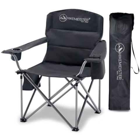 Hikemeister ® XXL Campingstuhl, klappbarer Faltstuhl bis 158 kg, gepolstert mit isolierten Getränkehaltern, Angelstuhl mit Armlehnen, Outdoorstuhl, Grau, Klappstuhl – inkl. Tragetasche