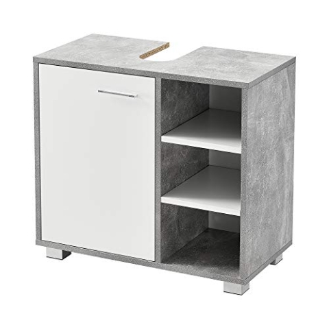 [en.casa] Waschbeckenunterschrank 56 x 60 x 31 cm Badezimmerschrank mit Siphonausschitt Badschrank mit Schranktür 3 Ablagefächern Betonoptik/Weiß