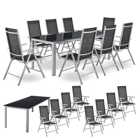 Juskys Aluminium Gartengarnitur Milano 8+1-8 Hochlehner Stühle verstellbar & klappbar mit Tisch - Gartenmöbel Set 9-teilig wetterfest - Silber