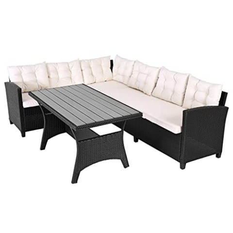 Casaria® Polyrattan Ecklounge Set WPC Esstisch Ecksofa inkl. 7cm Sitzauflagen 15cm Kissen Wetterfest Outdoor Lounge Garten Terrasse Balkon Möbel Schwarz