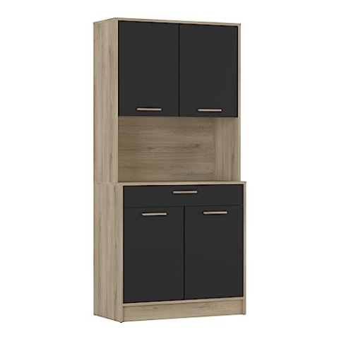 Demeyere Buffet Industriel 4 Portes 1 Tiroir 1 Grande Niche Résistant à l’EAU und Idéal Micro-Onde – Coloris Bois Clair et Noir – 83,3x40x176,1 cm