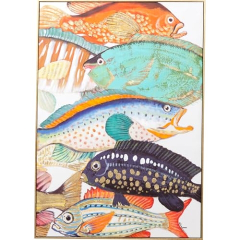 Kare Design Bild Touched Fish Meeting Two Bunt, Leinwandbild, Wanddekoration, Canvas, Massivholz Rahmen, handgemalte Details, Wohnzimmer, Schlafzimmer, Flur, 100x75x3,5cm