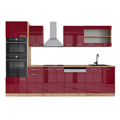 Vicco Küchenzeile R-Line, Bordeaux Hochglanz/Eiche Gold, 300 cm mit Hochschrank, ohne Arbeitsplatte