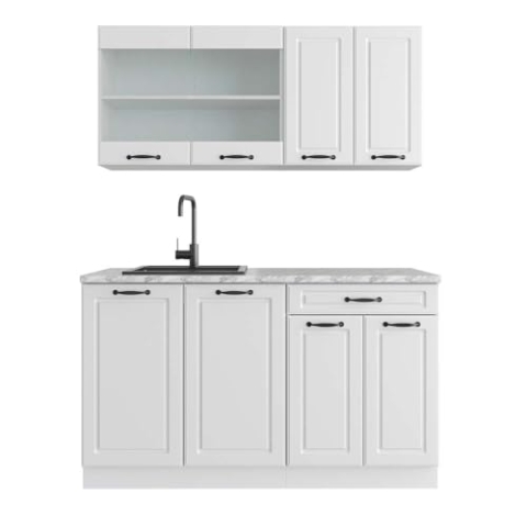 Vicco Singleküche R-Line, Küchenzeile Single, Weiß Landhaus/Weiß, 140 cm, AP Marmor