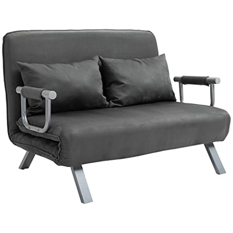 HOMCOM Schlafsofa Schlafcouch mit Verstellbarer Rückenlehne, Wurfkissen, Sofa mit Schlaffunktion, Samtoptik, Armlehne, Couch für Wohnzimmer, Schlafzimmer, Grau