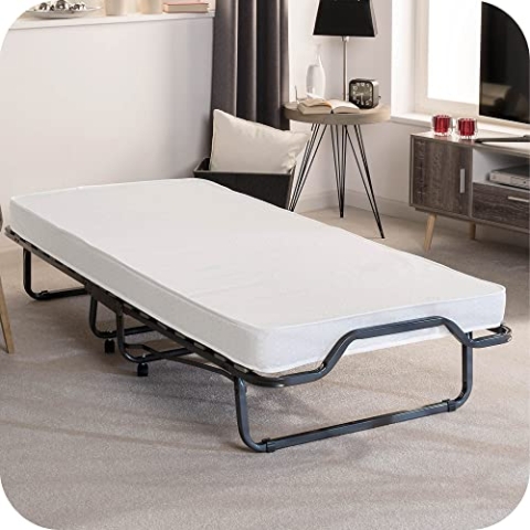Beautissu Gästebett klappbar 90x200 cm – langlebiges & faltbares Reisebett inkl Schutzhülle & 10,5 cm Dicker Schaumstoff Matratze - Klappbett ohne Aufbau - Stabiler Stahlrahmen & 4 Laufrollen Venetia