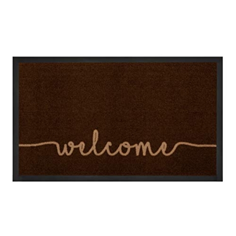 Hanse Home Printy Fußmatte für Innen und Außen 45x75cm - Schmutzfangmatte Türmatte Cozy Welcome mit Schriftzug Waschbar & Wetterfest, rutschfest für Eingangsbereich & Außenbereich – Dunkelbraun Beige
