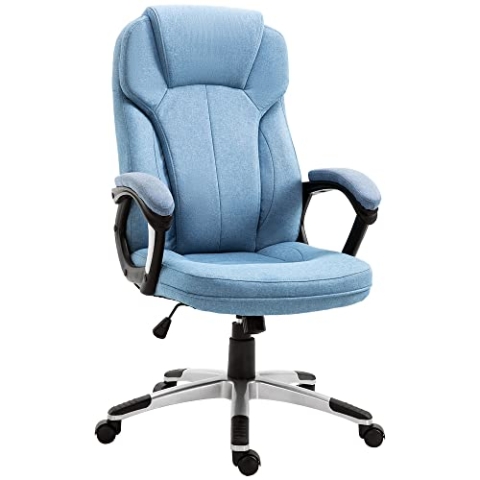 Vinsetto Bürostuhl Computerstuhl Drehstuhl höhenverstellbar Wippfunktion mit Kopfstütze und gepolsterte Armlehnen Ergonomisch Hellblau Leinen 66 x 75 x 110–120 cm