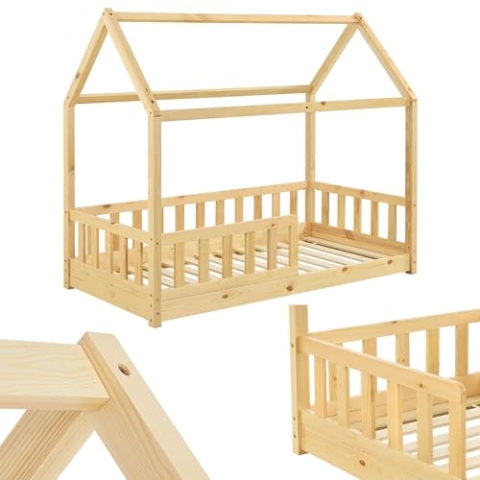 Juskys Kinderbett Marli 80 x 160 cm mit Rausfallschutz, Lattenrost und Dach - Hausbett für Kinder aus Massivholz - Bett in Natur