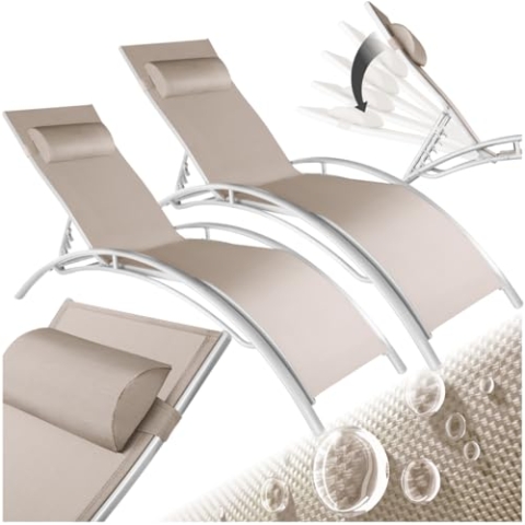 tectake 2er Set Gartenliege, Aluminium Sonnenliege, wetterfest, ideal für Garten, Balkon, Terrasse, praktischer Liegestuhl, inklusive Kopfpolster, 5-Fach verstellbare Rückenlehne -beige