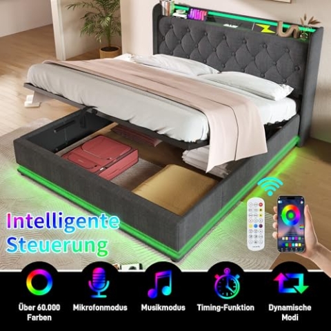 OKYION Boxspringbett Hydraulisches 180 x 200 cm mit LED-Beleuchtung(Drucktaste/App/Fernbedienung.), Polsterbett Funktionelles mit USB&Typ-C-Ladeanschluss, Leinen Grau(Ohne Matratze)