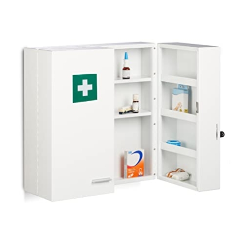 Relaxdays Medizinschrank, abschließbar, 11 Fächer, Stahl, HBT: 53 x 53 x 21,5 cm, Doppeltür, Medikamentenschrank, weiß