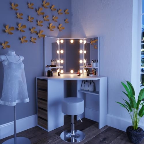 Vicco Frisiertisch für die Ecke Arielle, Weiß/Sonoma/Sonoma, 110 cm mit LED Beleuchtung und Hocker