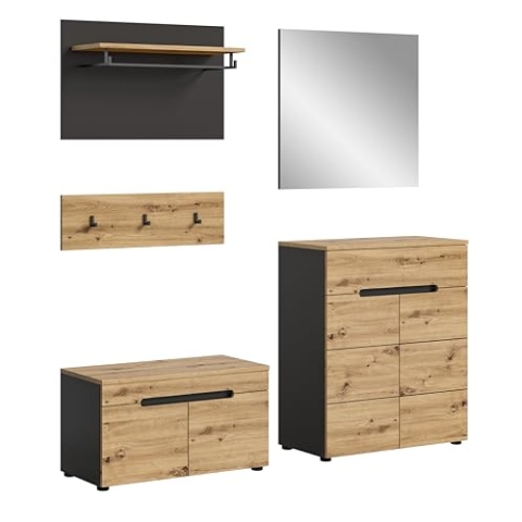 xonox.home Garderobe Canu 4tlg. Set Garderobenkombination Garderobenschrank Garderobenmöbel Flurmöbel-Set Flursystem Stauraumlösung in Front Artisan Nb., Korpus Basalt grau Nb., Absetzung Artisan Nb.