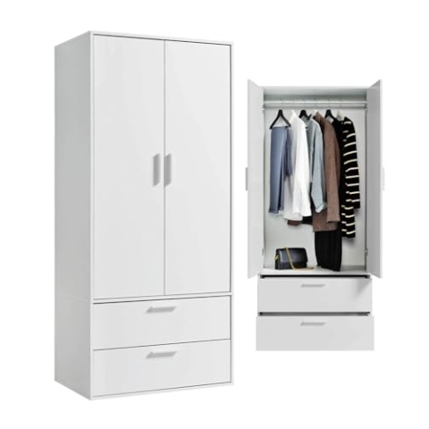 mokebo Kleiderschrank klein in Weiß 2-türig 'Der Kleiderheld, mit Zwei durchlaufenden Schubladen, Garderobenschrank, Flurschrank o. Schrank Holz in 80x180x51 (BxHxT)