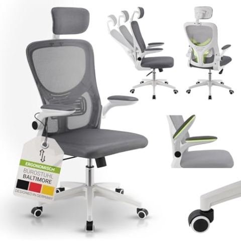 Juskys Bürostuhl Baltimore mit Rollen & Armlehne - Schreibtischstuhl ergonomisch & höhenverstellbar - Stuhl für Arbeitszimmer - Drehstuhl - Grau