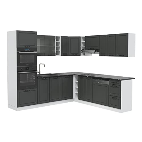 Vicco Eckküche R-Line, Anthrazit Landhaus/Weiß, 237 x 247 cm ohne Arbeitsplatte