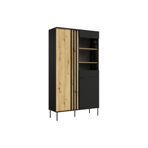 Vente-unique-Vitrinenschrank mit 2 Türen & 3 Ablagefächern - Mit LED-Beleuchtung - Schwarz & Holzfarben - TUNALO