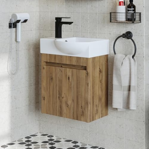 ROOMART Badmöbelset • Leo • Unterschrank mit Waschbecken • Badezimmer Möbel • Gäste WC (Eiche, Unterschrank mit Waschbecken(Wasserhahn Links))