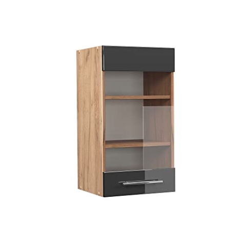 Vicco Küchenglasschrank Fame-Line, Anthrazit Hochglanz/Goldkraft Eiche, 40 cm